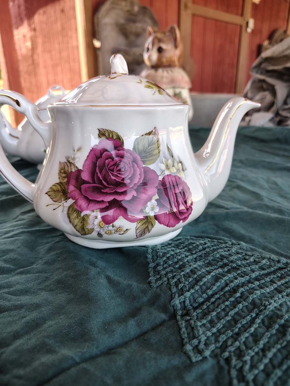 Vintage Crown Dorset Staffordshire England Teapot Deep Purple Roses Gold Trim